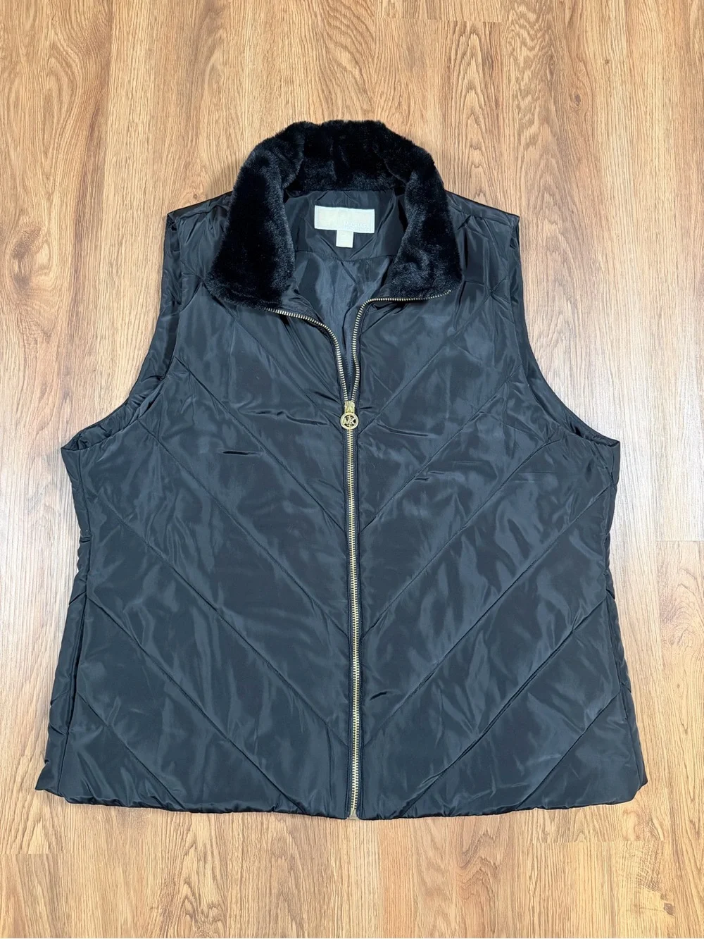 Michael Kors Women’s Black Quilted Vest with Faux Fur Collar